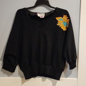 Chic Black V-Neck Sweater with Leaf Embroidery
